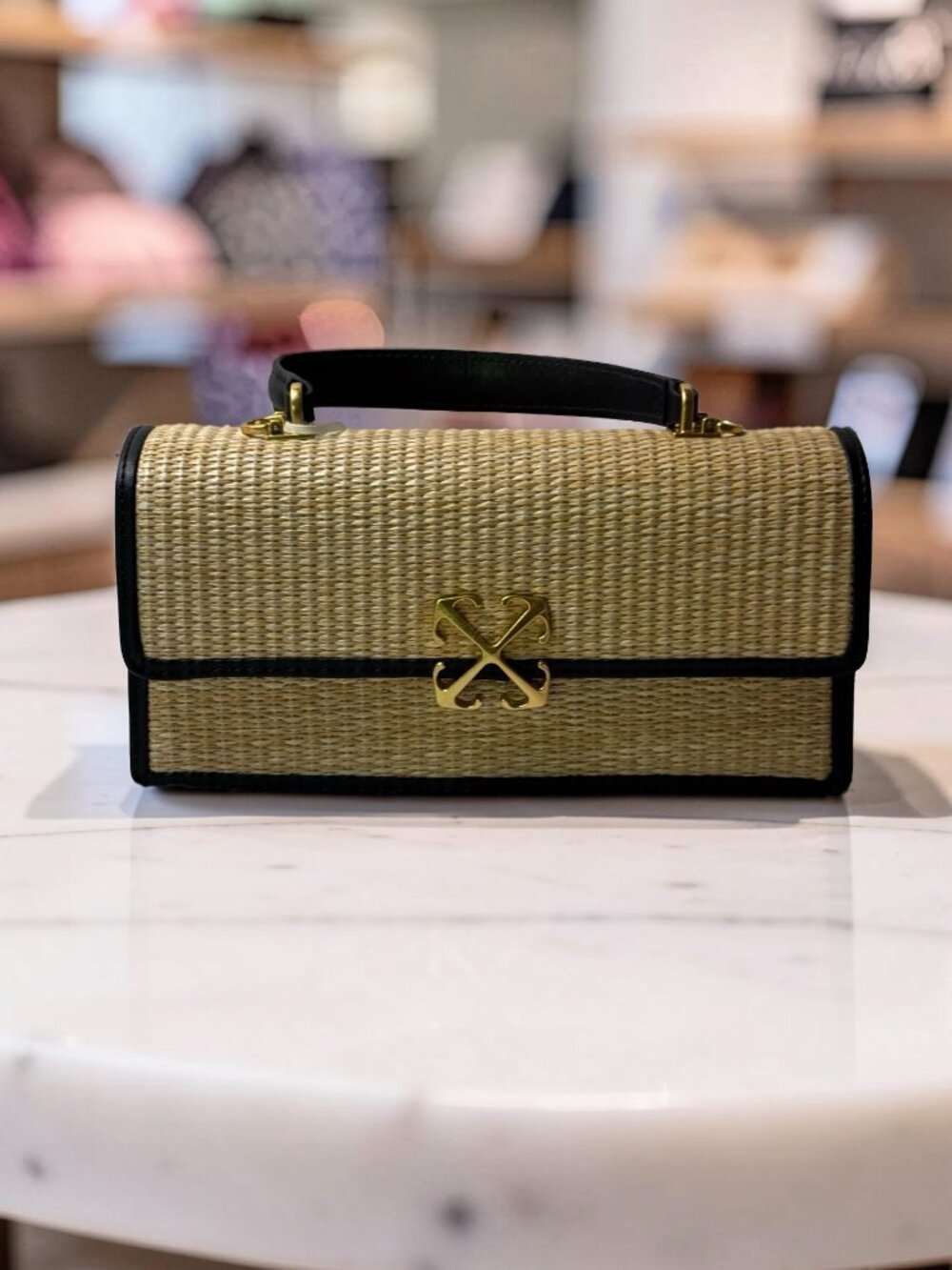 Off White Raffia Top Handle Crossbody Bag Natural Black Gold Arrow NWT